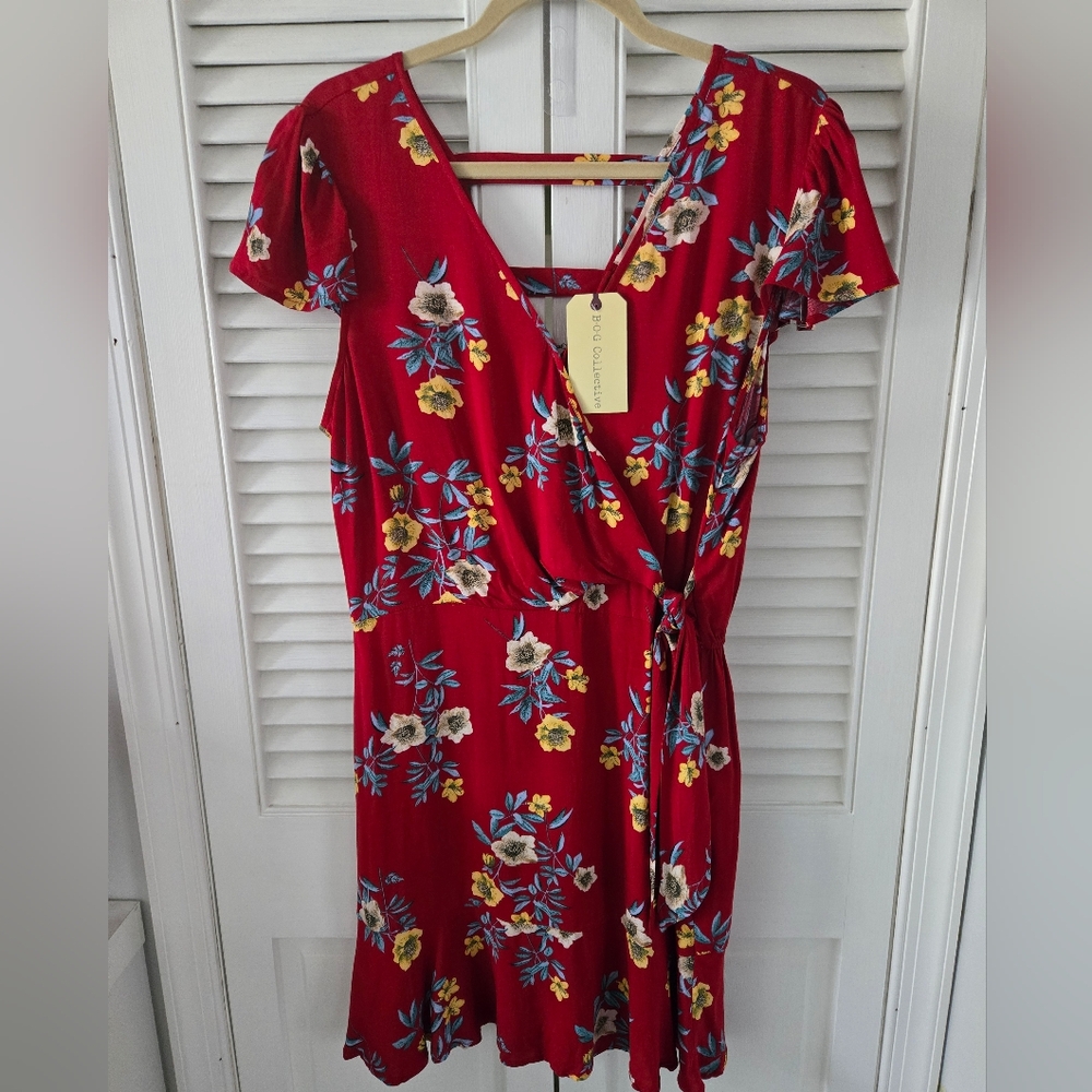 B.O.G. Collective Red Floral Faux Wrap Mini Dress Boho RUNS SMALL - Picture 2 of 12